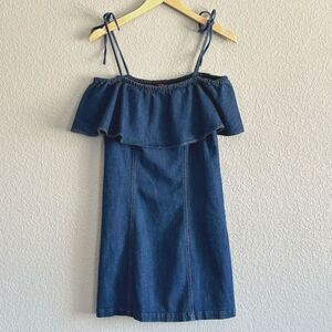 7FAM Denim Mini Dress Off-Shoulder Ruffle Navy Blue Spaghetti Strap Size Small